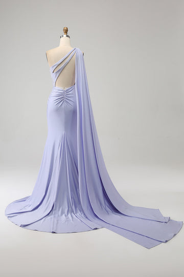 Mermaid Lilac One Shoulder Long Pleated Ball Dress with Slit